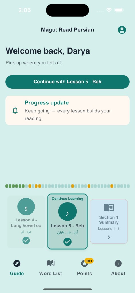 Magu Home: Welcome back, continue the current lesson, progress marks, and the lesson carousel.